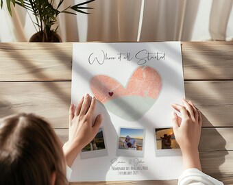 Spersonalizowana mapa Heart City ze zdjęciami, spersonalizowany wydruk akwarelowy dla pary, prezent na rocznicę, wersja cyfrowa do pobrania