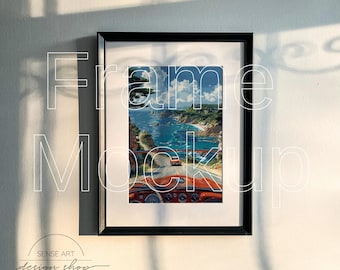 Czarna ramka, mockup PSD: Sztuka ścienna w świetle naturalnym (pobranie cyfrowe)