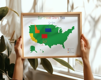 Mapa z historią podróży po USA, mapa z klocków, spersonalizowany wydruk podróży, kolorowe stany (pobranie cyfrowe)