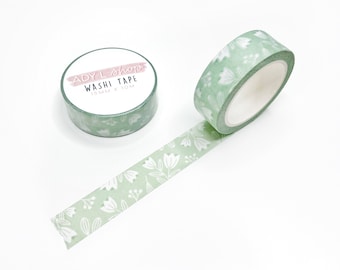 Washi tape - Motif fleurs, fond vert, feuilles - Rouleau de papier décoratif adhésif - 15mm x 10m - Bullet Journal, papeterie, scrapbooking