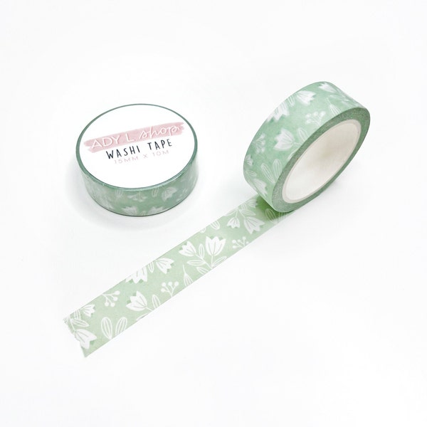 Washi tape - Motif fleurs, fond vert, feuilles - Rouleau de papier décoratif adhésif - 15mm x 10m - Bullet Journal, papeterie, scrapbooking