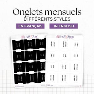 Adesivi per schede mensili - Stili e caratteri diversi: bianco, nero - 12 mesi - Inglese o francese - Bullet Journal e Planner