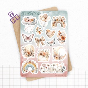 Planches de stickers "Rêveries" - Autocollants sur un thème bohème : papillons, lunes, fleurs, couleurs douces - Bullet Journal