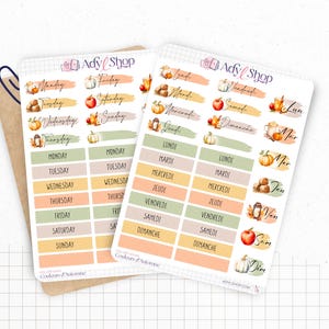 Planches de Stickers "Couleurs d'Automne" - Autocollants sur le thème de l'automne - Jours de la semaine - Bullet Journal / Planner