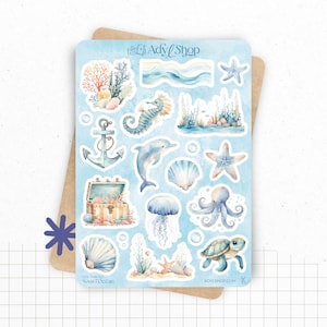 Planches de Stickers "Sous l'Océan" - Autocollants sur le thème de l'été - Mer, vie marine, coraux, dauphin - Bullet Journal - Planner