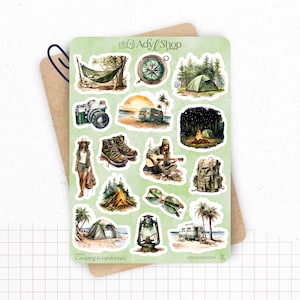 Planche de stickers "Camping & Randonnée" - Autocollants sur le thème de l'aventure : camping, randonnée, tente - Bullet Journal / Planner