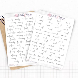Planche Stickers "Jours de la semaine" - 8 semaines - Jolie écriture - Papier blanc mat ou transparent mat - Bullet Journal & Planner