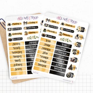 Planches de Stickers "Noël Chic" - Autocollants sur le thème de l'hiver et de Noël : fêtes de fin d'année, noir, or - Jours - Bullet Journal