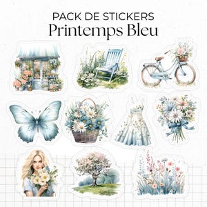 Pack de 10 stickers "Printemps Bleu" - Autocollants sur le thème du printemps, fleurs, papillons, tons bleutés - Bullet Journal Planner