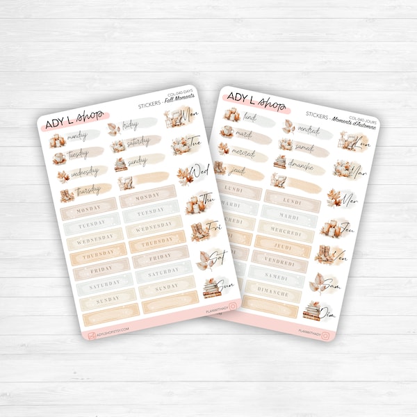 Sticker sheets - "Fall Moments" - Watercolor illustrations : autumn, cozy vibe - Days of the week - Bullet Journal / Planner sticker sheet