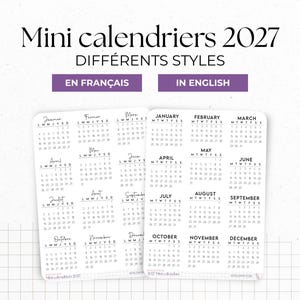 May include: Two white rectangular mini calendar sheets for 2027 with rounded corners. One sheet displays months in French, the other in English. The text reads Mini calendriers 2027, DIFFÉRENTS STYLES, EN FRANÇAIS, IN ENGLISH, and lists all twelve months.