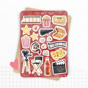Planche de stickers "Soirée film" - Autocollants sur le thème du cinéma : film, pop corn, bobine, étoiles - Bullet Journal / Planner