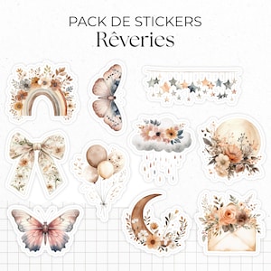 Pack de stickers "Rêveries" - 10 autocollants die-cut sur un thème bohème : papillons, lunes, fleurs, couleurs douces, boho - Bullet Journal