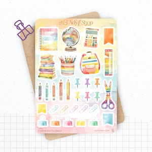 Planche de stickers "Fournitures Scolaires" - Autocollants sur le thème de la papeterie, rentrée scolaire - Bullet Journal / Planner