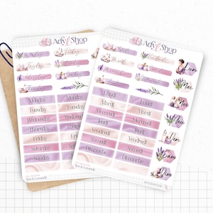 Planches de Stickers "Spa & Lavande" - Autocollants sur le thème du bien-être, soins beauté - Jours de la semaine - Bullet Journal Planner