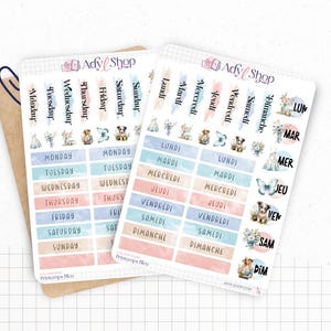 Planches de Stickers "Printemps Bleu" - Autocollants sur le thème du printemps, fleurs, papillons - Jours semaine - Bullet Journal Planner