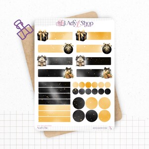 Planches de Stickers "Noël Chic" - Autocollants sur le thème de l'hiver, de Noël : fêtes de fin d'année, noir, or - Headers - Bullet Journal