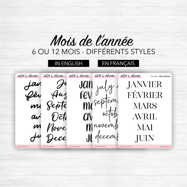 Planches stickers "Mois" - 6 ou 12 mois - Papier autocollant transparent mat - Plusieurs polices d'écriture - Bullet Journal & Planner