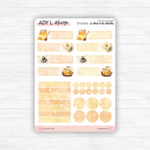 Hojas de pegatinas "Miel y abejas" - Pegatinas con temática de miel y abejas, flores - Bullet Journal y Planner