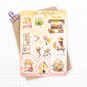 Planches de stickers "Nuances de Printemps" - Autocollants sur un thème du printemps : fleurs, beau temps - Bullet Journal