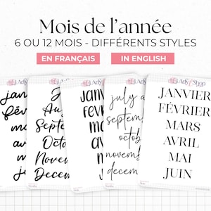 Fogli adesivi "Mese" - 6 o 12 mesi - Carta adesiva trasparente opaca - Diversi font - Bullet Journal e Planner