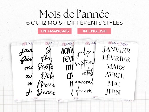 Planches stickers "Mois" - 6 ou 12 mois - Papier autocollant transparent mat - Plusieurs polices d'écriture - Bullet Journal & Planner