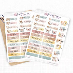 Planches de stickers "Rêveries" - Autocollants sur un thème bohème : papillons, lunes, fleurs, boho - Jours de la semaine - Bullet Journal