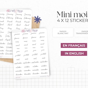 Vel met mini-maandstickers - 4x12 stickers - Wit of transparant stickerpapier - Plannerstickers - Bullet Journal