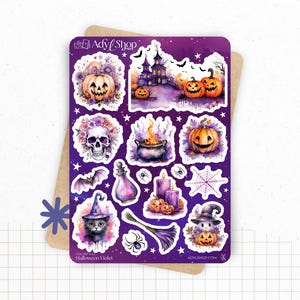 Planches de Stickers "Halloween Violet" - Autocollants sur le thème de la magie, sorcellerie, Halloween, spooky - Bullet Journal / Planner