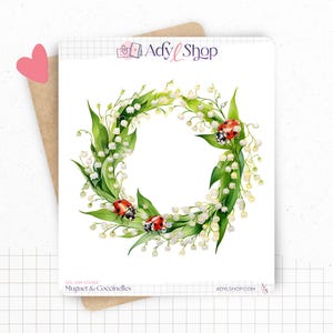 Planches de Stickers "Muguet & Coccinelles" - Autocollants sur le thème du printemps : fleurs, insectes - Couronne de fleurs -Bullet Journal
