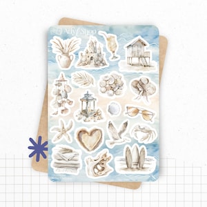 Planches de Stickers "Brise Océane" - Autocollants sur le thème de l'été : vacances, plage, océan - Bullet Journal & Planner