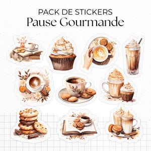 Pack de Stickers "Pause Gourmande" - Autocollants sur le thème de la gourmandise, café, cozy - 10 stickers die-cut - Bullet Journal/Planner