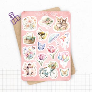 Planches de Stickers "Printemps Pastel" - Autocollants sur le thème du printemps, fleurs, papillons, couleurs pastel -Bullet Journal Planner
