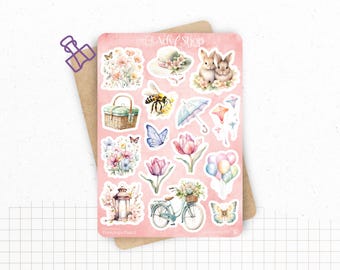 Planches de Stickers "Printemps Pastel" - Autocollants sur le thème du printemps, fleurs, papillons, couleurs pastel -Bullet Journal Planner