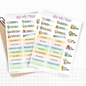 Planches de Stickers "Back to School" - Autocollants : entrée scolaire, école, papeterie, art - Jours de la semaine - Bullet Journal/Planner