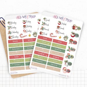 Planches de Stickers "Joyeux Noël" - Autocollants sur le thème de Noël, hiver, père Noël, cadeaux - Jours semaine - Bullet Journal/Planner