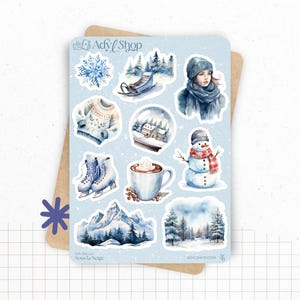 Planches de Stickers "Sous la Neige" - Autocollants sur le thème de l'hiver, froid, Noël, flocons de neige, bleu- Bullet Journal/Planner