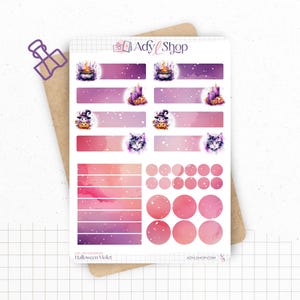 Planches de Stickers "Halloween Violet" - Autocollants sur le thème de la magie, sorcellerie - En têtes, titres - Bullet Journal / Planner