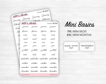 Mini script stickers - Months - Planner stickers - Minimal, functional stickers - Bullet Journal - Sticker sheet - 48 mini icons