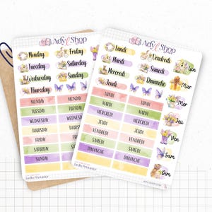 Planches de stickers "Jardin Printanier" - Autocollants sur un thème du printemps : fleurs, jardinage - Jours de la semaine - Bullet Journal
