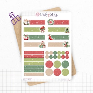 Planches de Stickers "Joyeux Noël" - Autocollants sur le thème de Noël, hiver, père Noël, cadeaux - Headers, formes - Bullet Journal/Planner