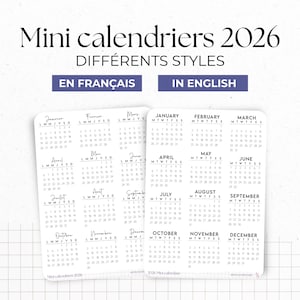 Könnte beinhalten: Das Bild zeigt zwei kleine Kalender für 2026, einen auf Französisch und einen auf Englisch, vor einem weißen Hintergrund. Die Kalender zeigen die Monate in einem minimalistischen Design. Der Text "Mini calendriers 2026" und "DIFFÉRENTS STYLES" steht oben.