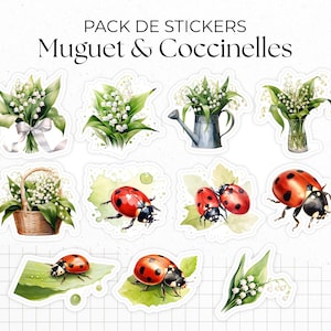 Pack de 11 stickers "Muguet & Coccinelles" - Autocollants sur le thème du printemps : fleurs, insectes - Stickers die-cut - Bullet Journal
