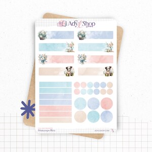 Planches de Stickers "Printemps Bleu" - Autocollants sur le thème du printemps, fleurs, papillons - Headers, formes - Bullet Journal Planner