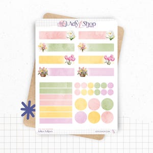 Fogli di adesivi "Tulipani carini" - Adesivi a tema primaverile e floreale - Tulipani carini e colorati - Planner Bullet Journal