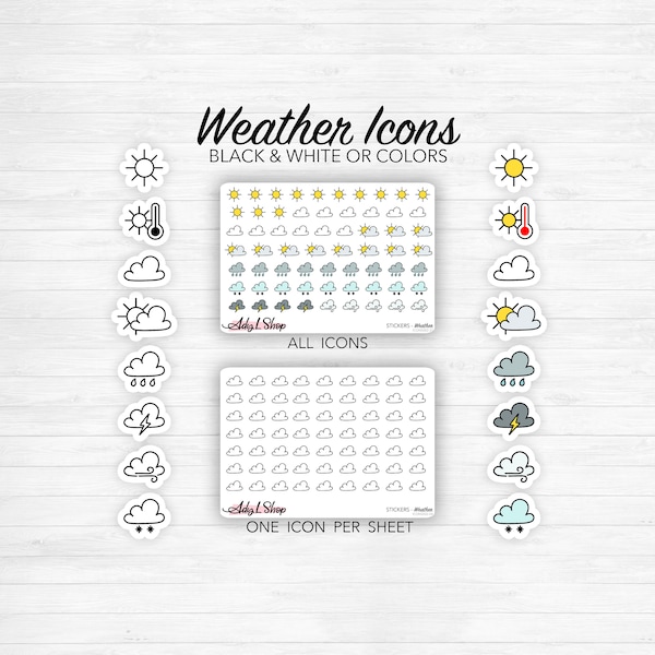 Planche de stickers "icônes météo" - Différentes options : toutes les icônes ou icônes individuelles - Doodles - Bullet Journal & Planner