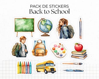 Sticker pack - Die-cut stickers - "Back to School" - Watercolor illustrations : school supplies, stationery, art - Bullet Journal / Planner
