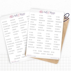 Planche Stickers "Jours de la semaine" - 9 semaines - Police sérif - Papier blanc mat ou transparent mat - Bullet Journal & Planner
