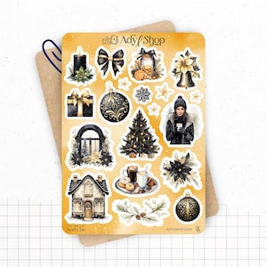 Planches de Stickers "Noël Chic" - Autocollants sur le thème de l'hiver et de Noël : fêtes de fin d'année, noir, or - Bullet Journal