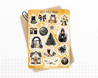 Fogli di adesivi "Chic Christmas" - Adesivi a tema invernale e natalizio: stagione delle feste, nero, oro - Bullet Journal